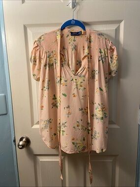 Polo by Ralph Lauren Peach Floral Tie-Neck Smocked Yoke Blouse